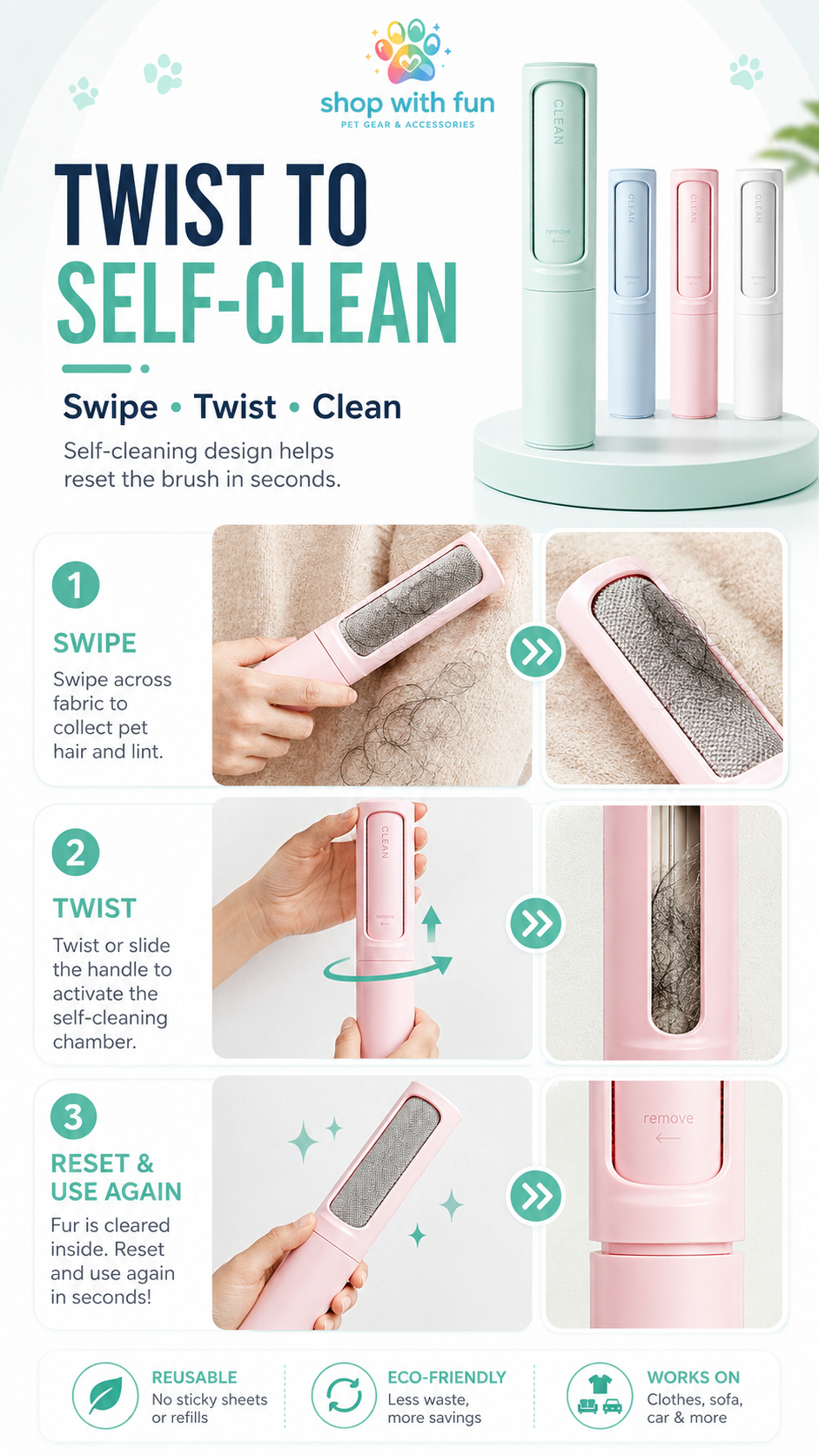 Self-cleaning pet hair remover brush showing swipe, twist, and reset steps for reusable fur removal without sticky sheets or refills