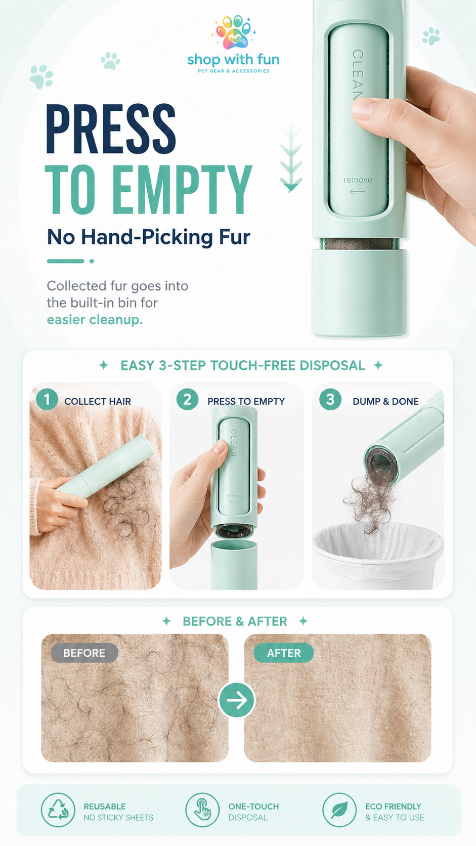 Pet hair remover brush with built-in collection bin and press-to-empty design for easier cleanup without hand-picking collected fur
