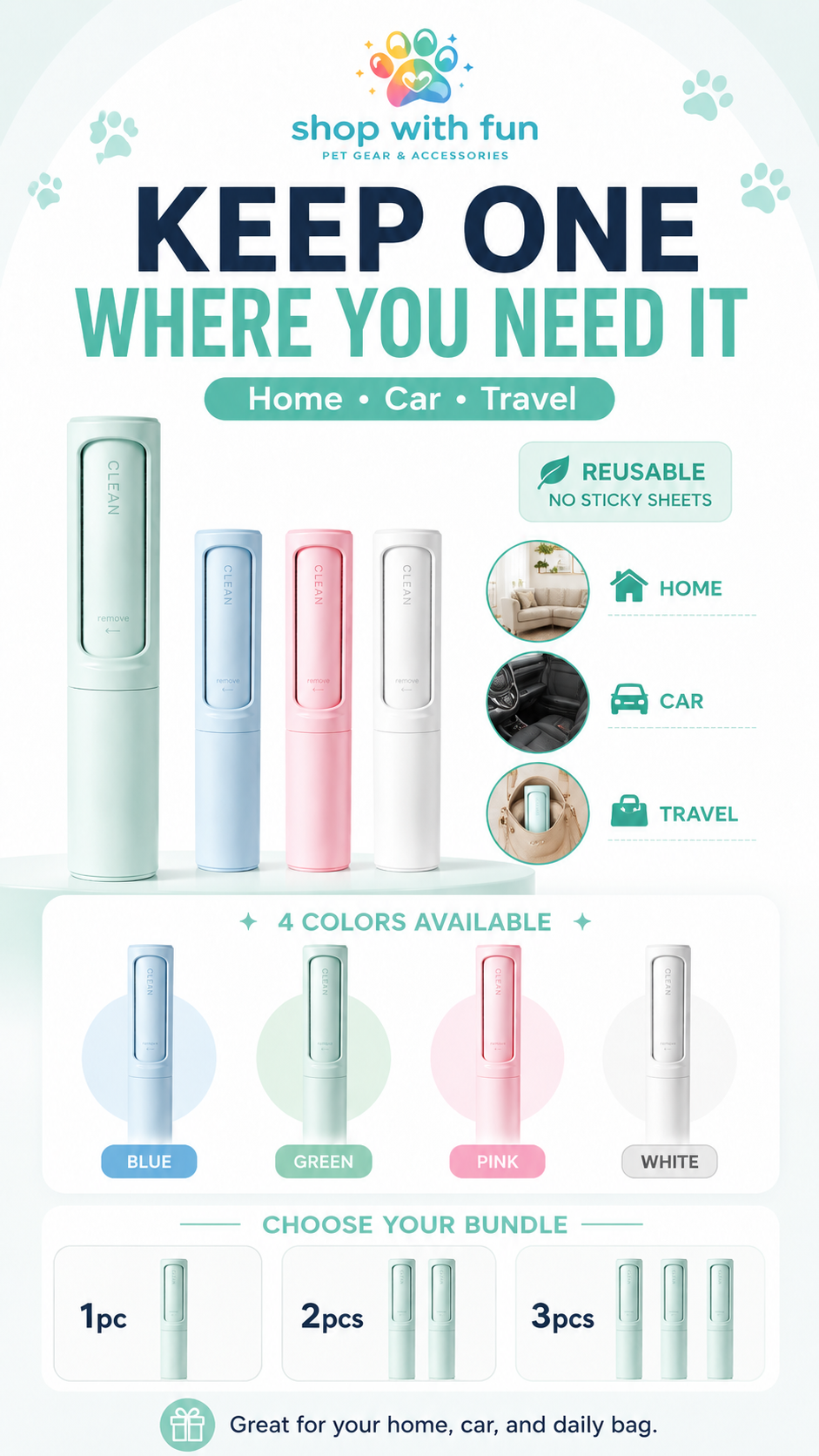 Reusable pet hair remover brush available in blue, green, pink, and white, with 1pc, 2pcs, and 3pcs bundle options for home, car, and travel