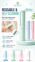 Reusable 2-in-1 pet hair remover brush and swivel lint roller with self-cleaning design, no sticky sheets, and blue green pink white color options