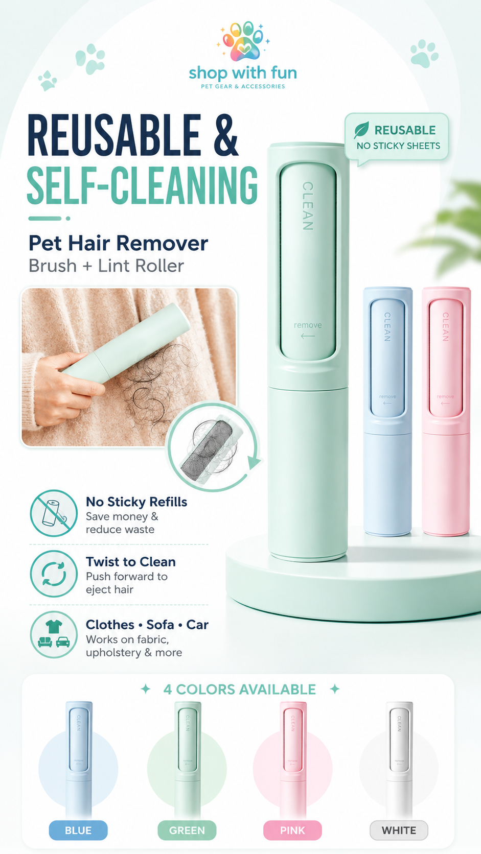Reusable 2-in-1 pet hair remover brush and swivel lint roller with self-cleaning design, no sticky sheets, and blue green pink white color options