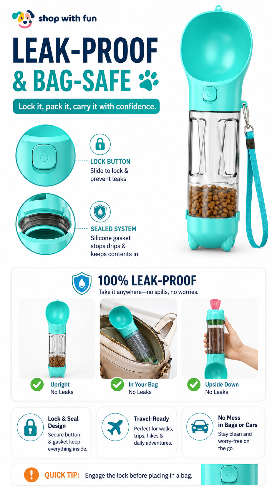 Leak-proof dog water bottle with lock button and silicone seal system, designed to prevent spills in bags, cars, and travel gear