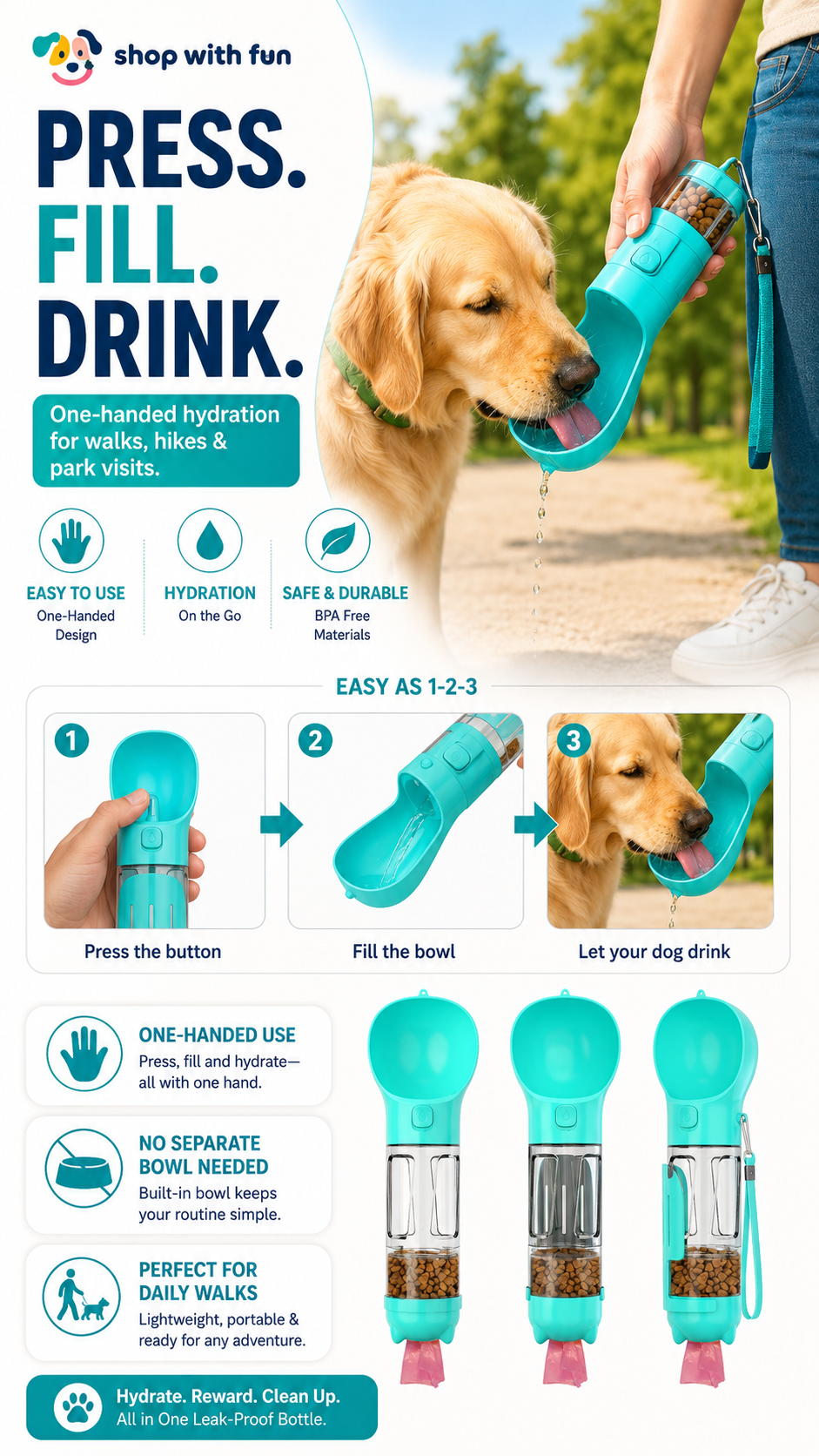 Portable dog water bottle with one-handed button design, built-in drinking bowl, and easy hydration for dogs during walks, hikes, and park visits