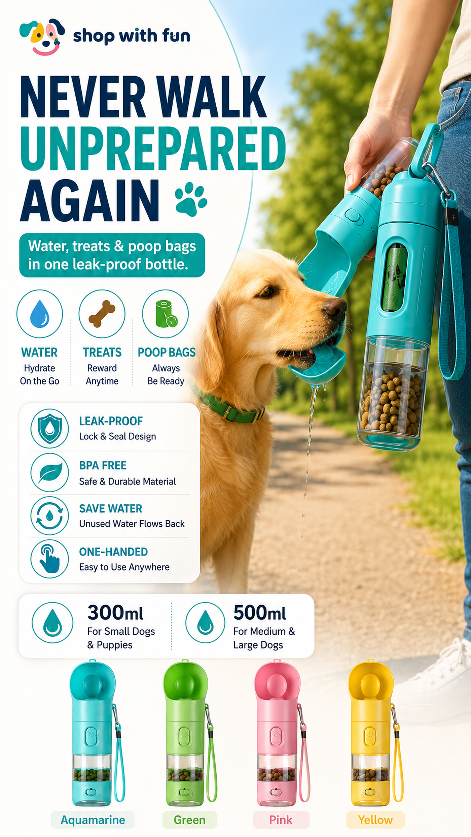 3-in-1 portable dog water bottle dispenser with built-in treat container and poop bag holder, showing leak-proof hydration for walks, hikes, and outdoor travel