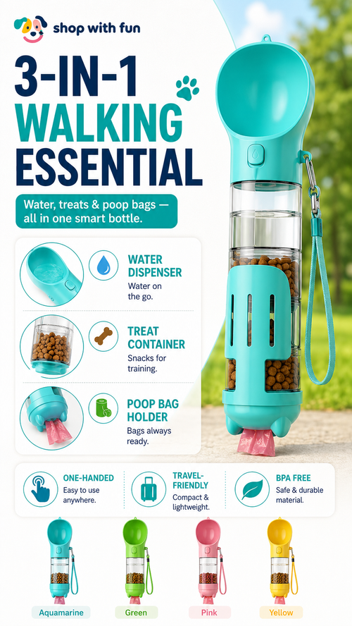 3-in-1 dog walking bottle with water dispenser, treat container, and poop bag holder in one portable bottle for daily walks and travel
