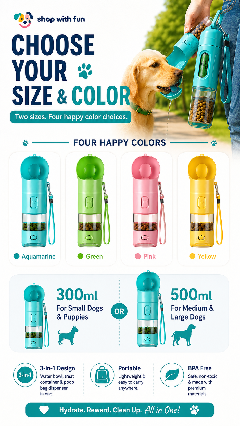 Portable dog water bottle available in 300ml and 500ml sizes with aquamarine, green, pink, and yellow color options for small to large dogs