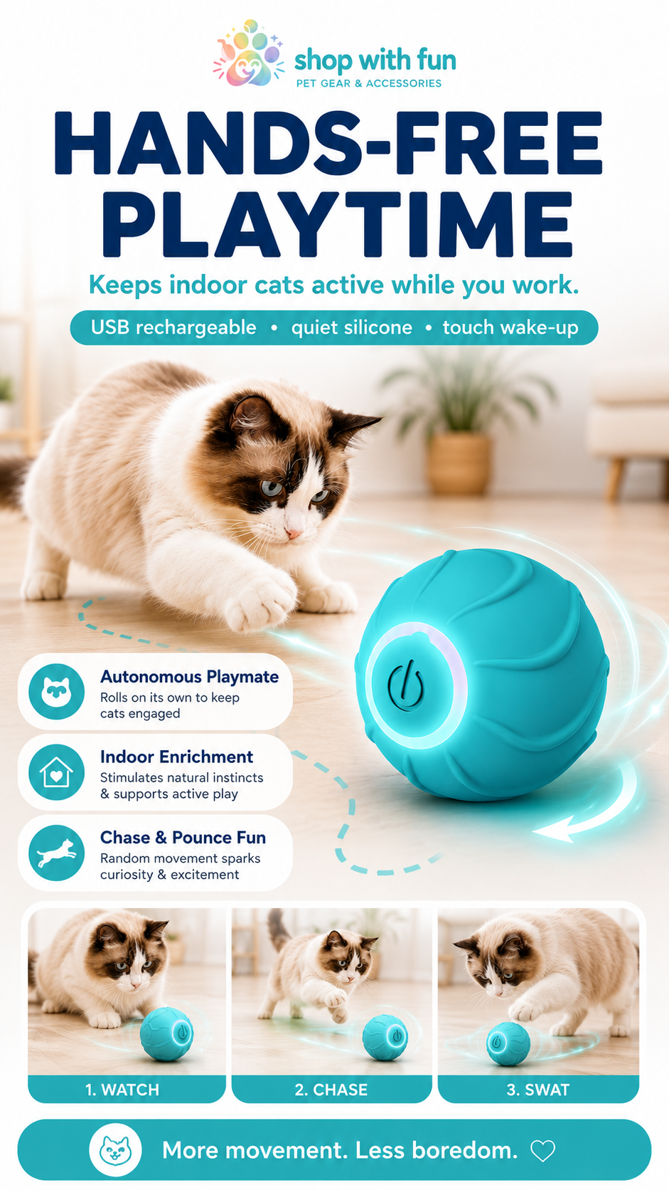 Hands-free automatic rolling cat toy that keeps indoor cats active with autonomous movement, chase play, and USB rechargeable quiet silicone design