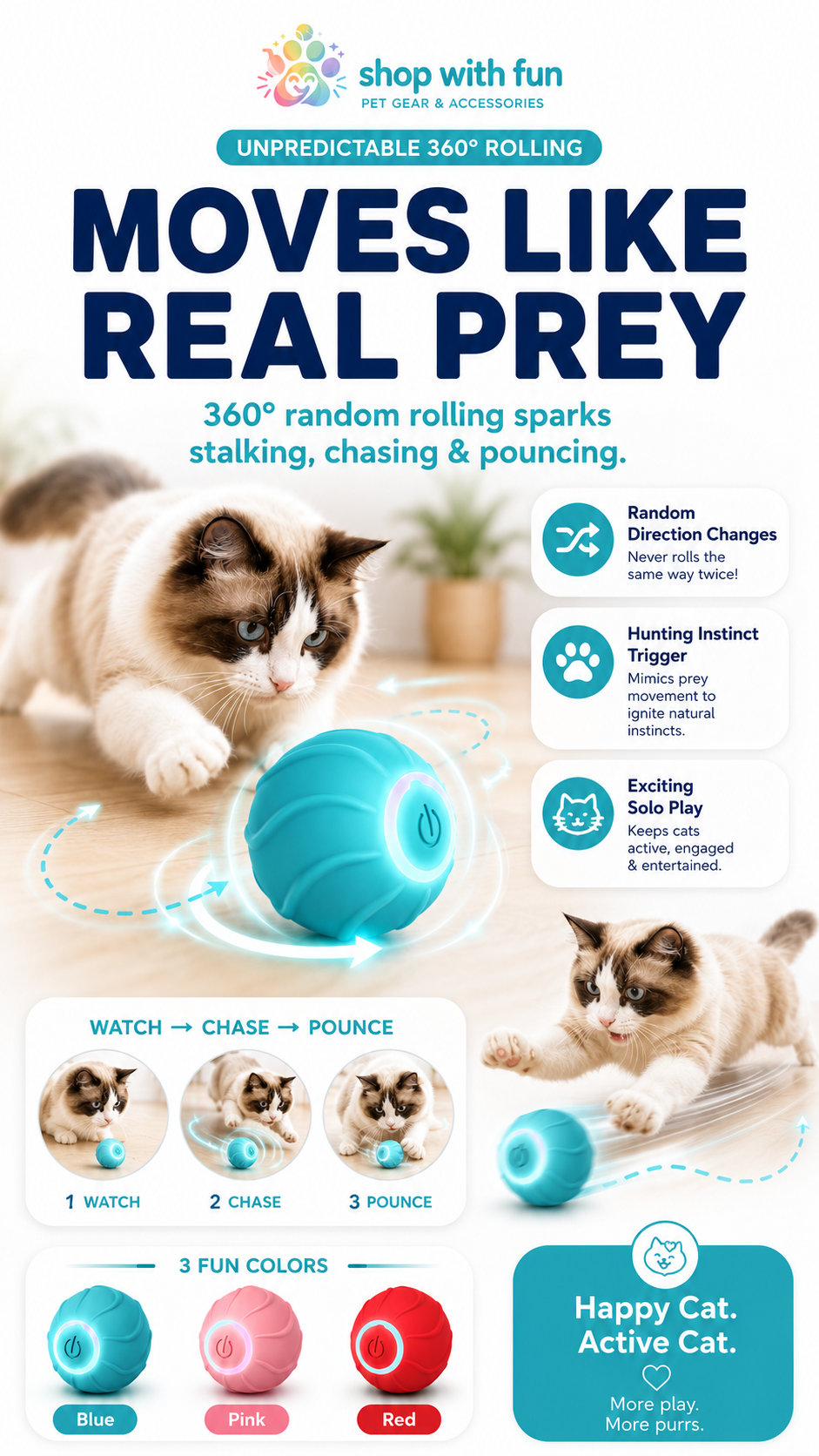 Interactive cat ball toy with unpredictable 360-degree rolling, random direction changes, and chase-and-pounce play for indoor cats