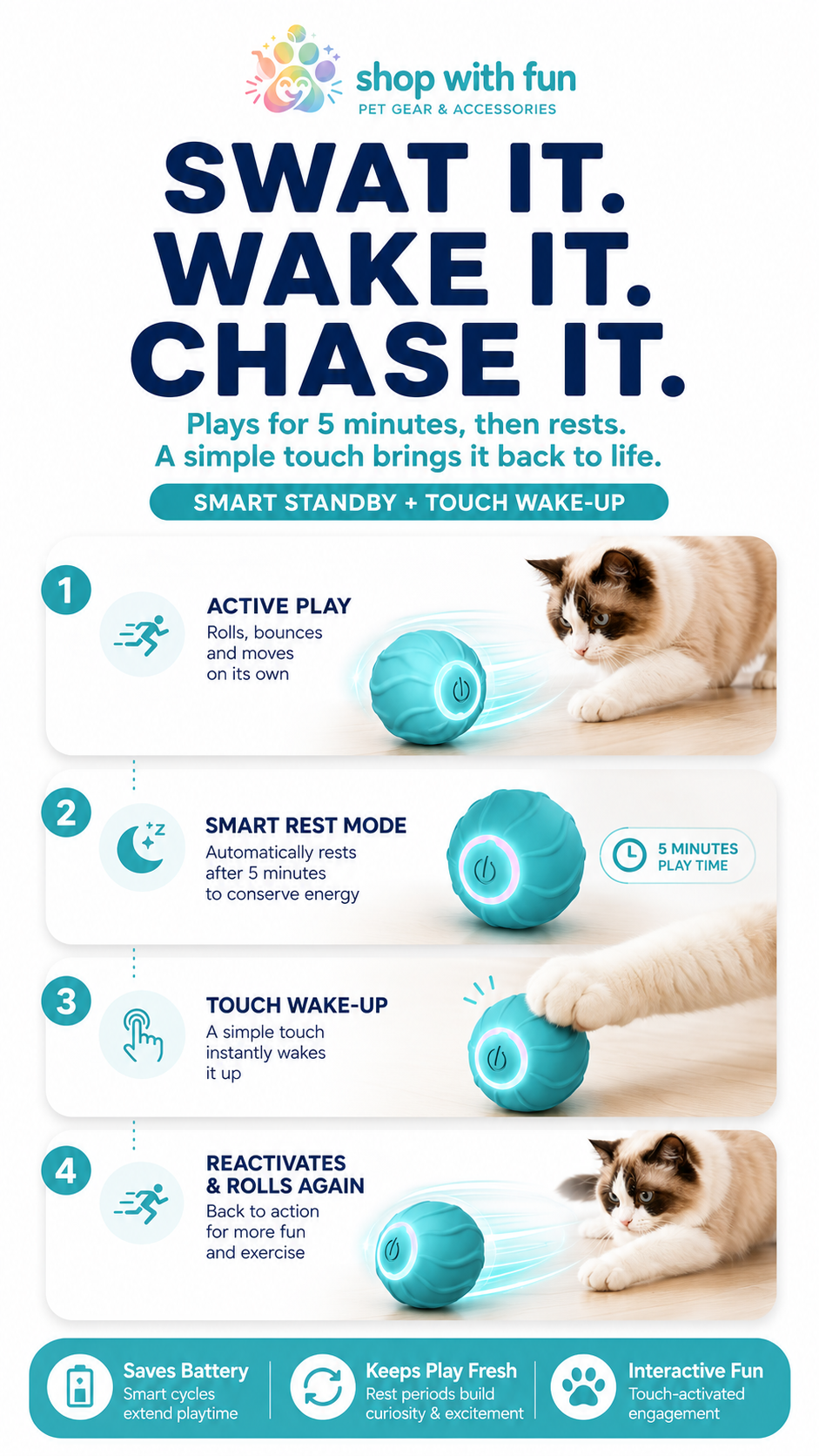 Touch-activated automatic cat toy ball with smart standby mode, 5-minute play cycle, and wake-up response when cats tap or swat it