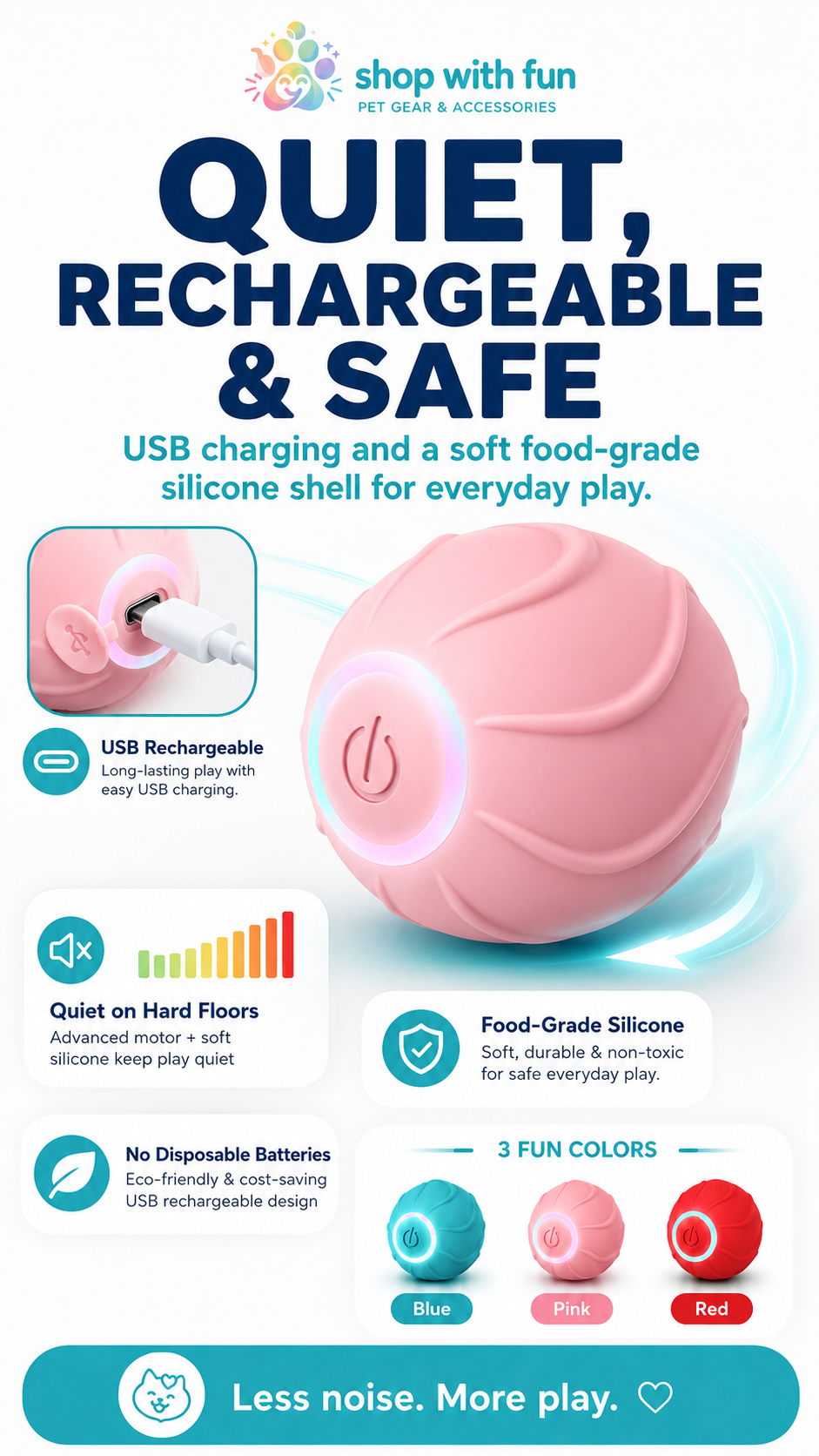 USB rechargeable cat toy ball with quiet food-grade silicone shell, no disposable batteries, and blue pink red color options for everyday indoor play
