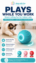 Automatic rolling ball cat toy for indoor cats with USB rechargeable design, quiet silicone shell, touch wake-up, obstacle avoidance, and blue pink red color options