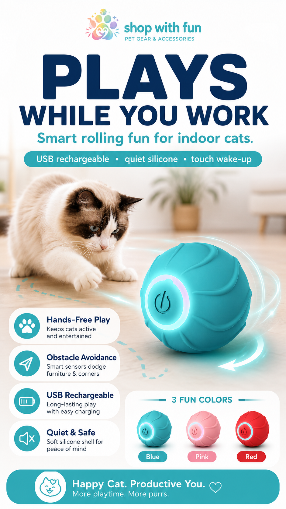Automatic rolling ball cat toy for indoor cats with USB rechargeable design, quiet silicone shell, touch wake-up, obstacle avoidance, and blue pink red color options
