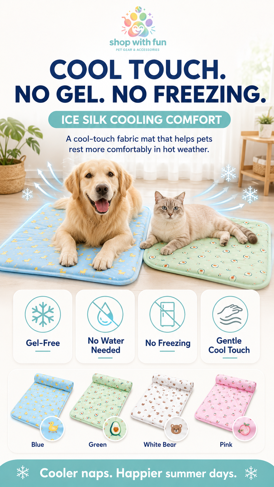 Gel-free ice silk cooling mat for dogs and cats with cool-touch fabric, no water needed, no freezing required, and gentle summer comfort for pets