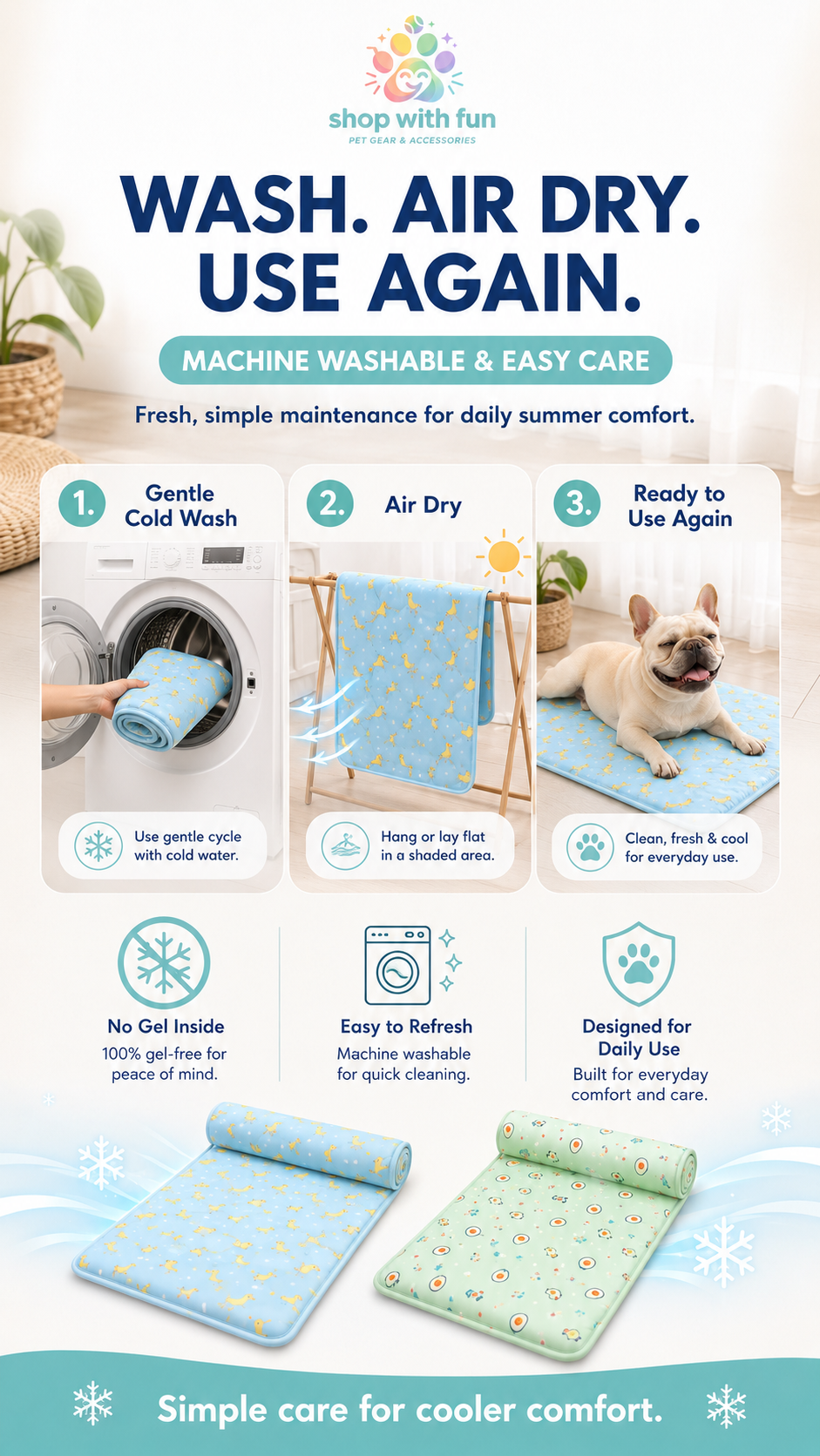 Machine washable pet cooling mat with easy-care steps, gentle cold wash, air dry, and reusable cool-touch comfort for daily summer use