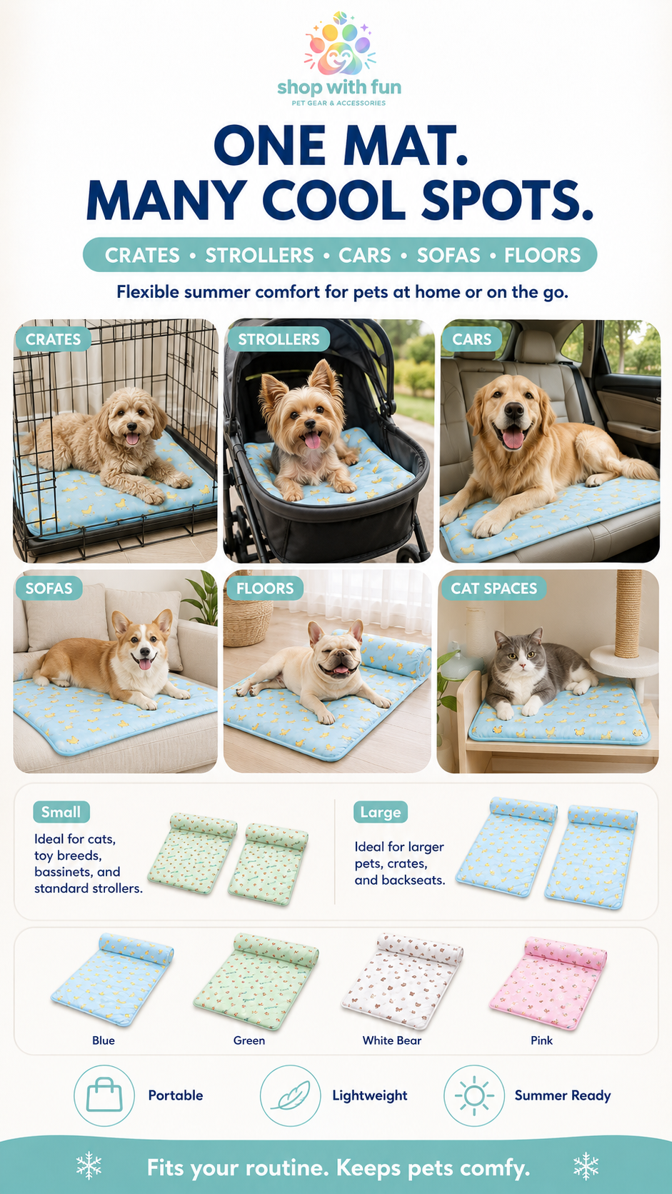 Multi-use pet cooling mat for dog crates, strollers, car seats, sofas, floors, and cat spaces, available in small and large sizes with multiple color options