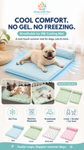 Breathable ice silk cooling mat for dogs and cats, showing gel-free cool-touch comfort, machine washable fabric, breathable layers, and blue green white bear and pink color options