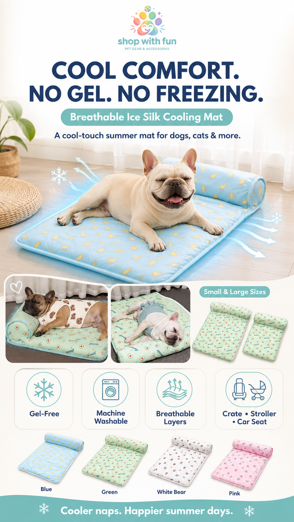 Breathable ice silk cooling mat for dogs and cats, showing gel-free cool-touch comfort, machine washable fabric, breathable layers, and blue green white bear and pink color options