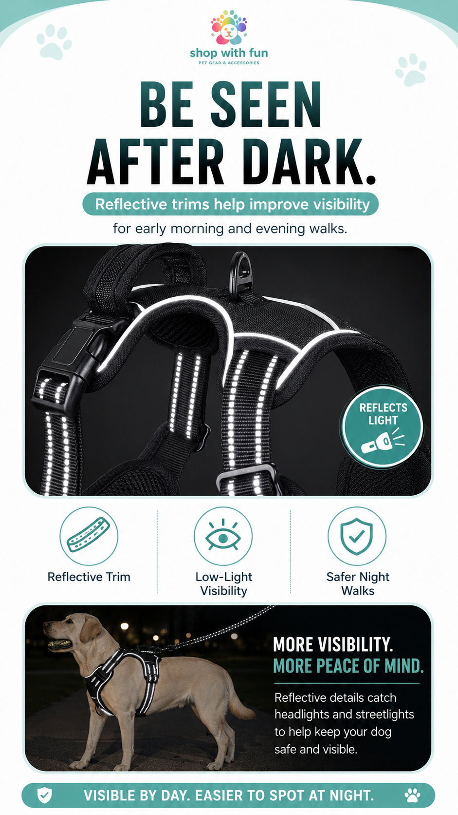 Reflective dog harness vest with high-visibility trim and stitching to help dogs stay easier to spot during early morning and evening walks