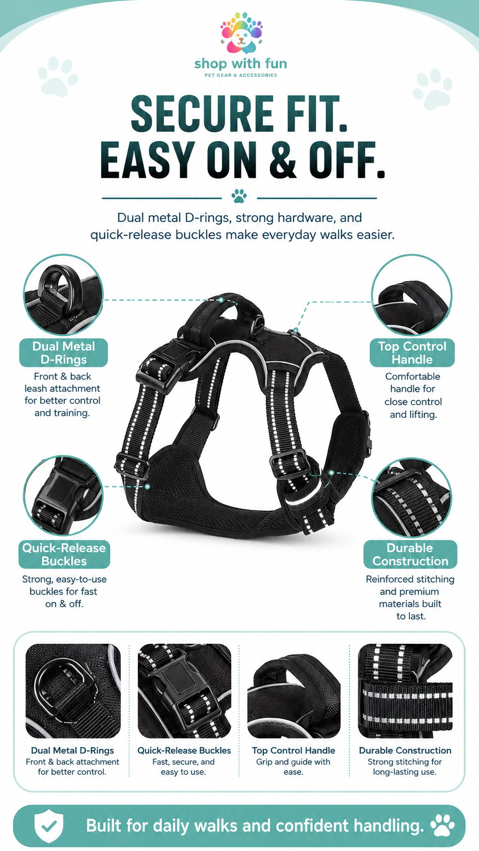 Dog harness with dual metal D-rings, quick-release buckles, top control handle, and durable reinforced construction for secure everyday use