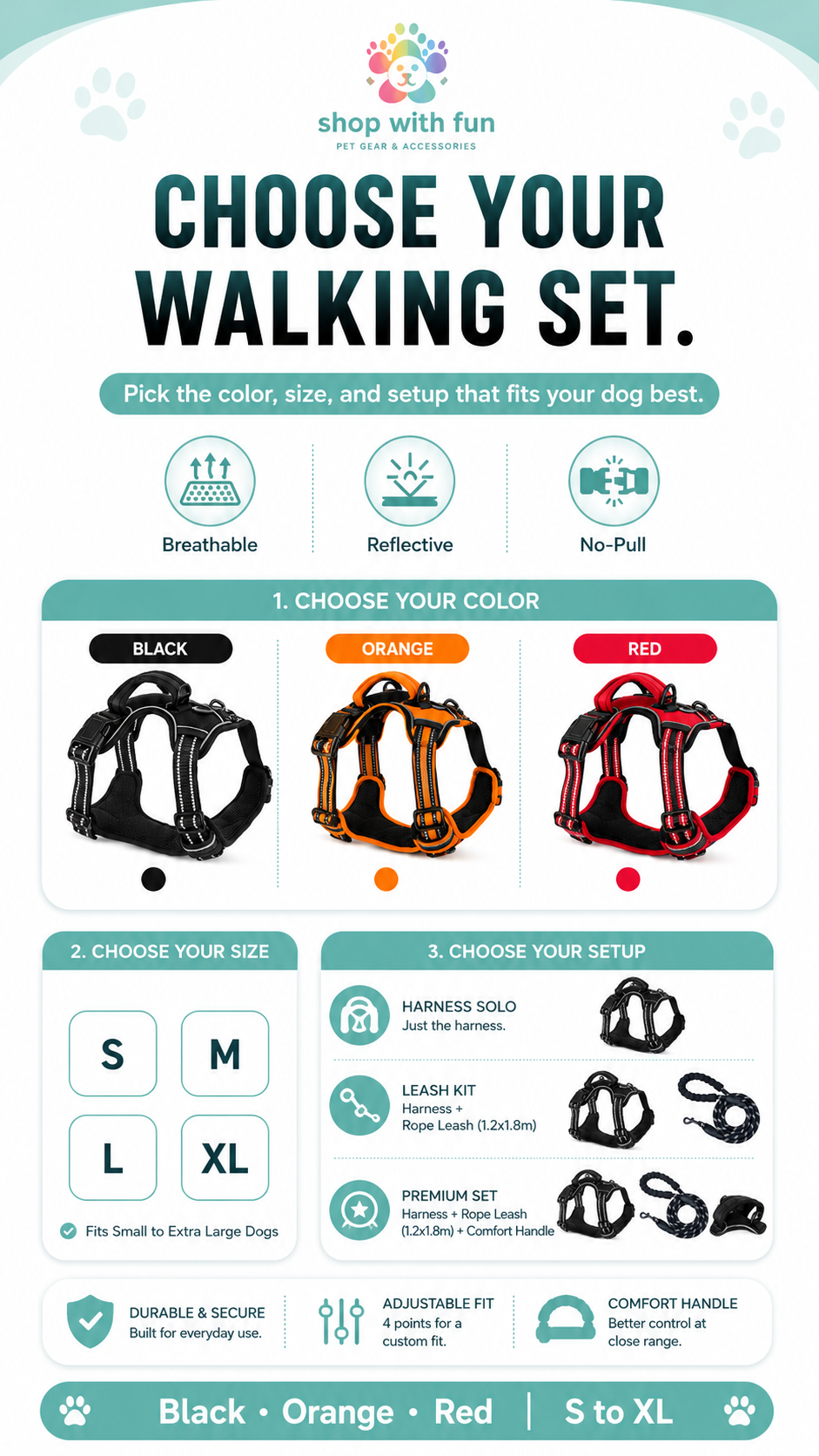 Reflective no-pull dog harness available in black, orange, and red, with S to XL sizes and harness solo, leash kit, and premium set options