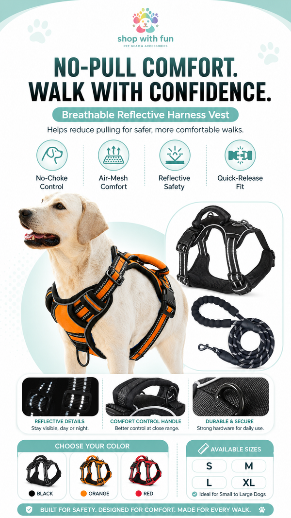 No-pull breathable reflective dog harness vest with padded air-mesh comfort, reflective trim, sturdy handle, and black orange red color options for safer daily walks