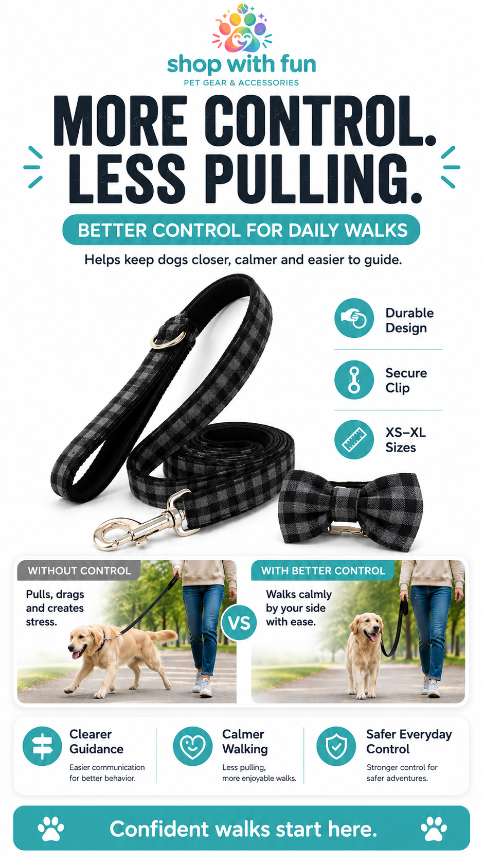 Dog training leash with matching bowtie, showing better control for daily walks, calmer walking, secure clip, and durable design for dogs that pull