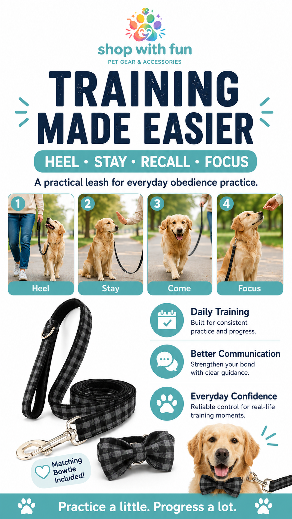 Dog training leash and matching bowtie set for heel, stay, recall, and focus practice during everyday obedience training