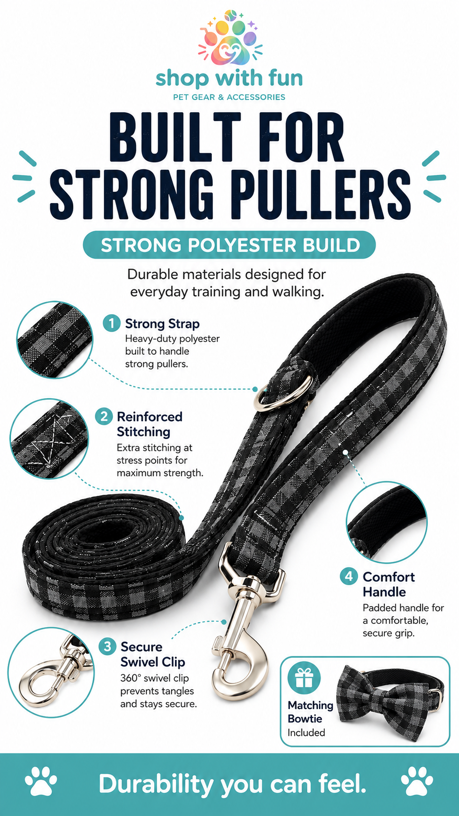 Durable polyester dog leash with reinforced stitching, secure swivel clip, padded comfort handle, and matching bowtie included
