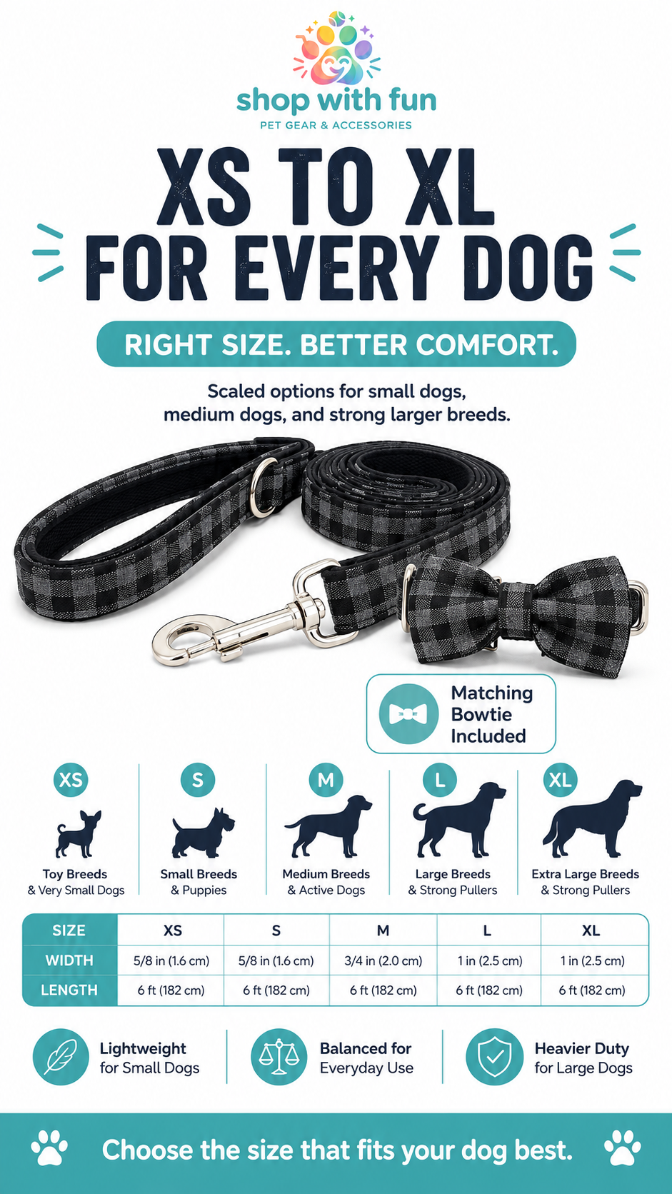 Dog training leash with matching bowtie available in XS to XL sizes, suitable for small, medium, large, and extra-large dog breeds