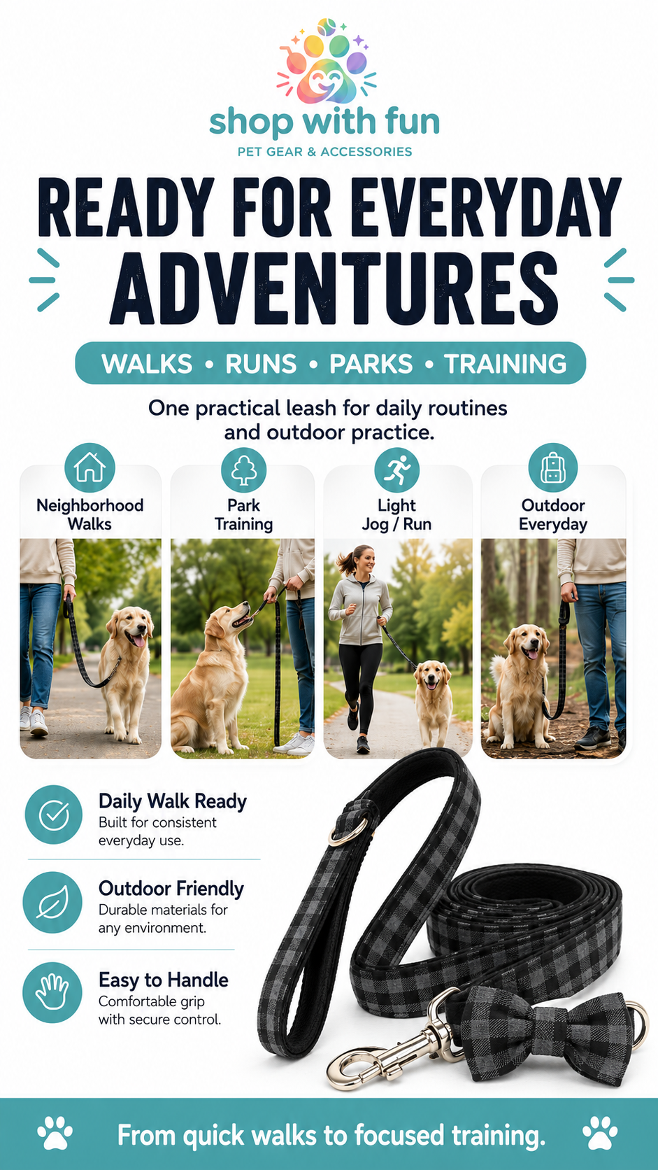 Dog training leash and bowtie set for neighborhood walks, park training, light jogging, outdoor use, and everyday dog handling