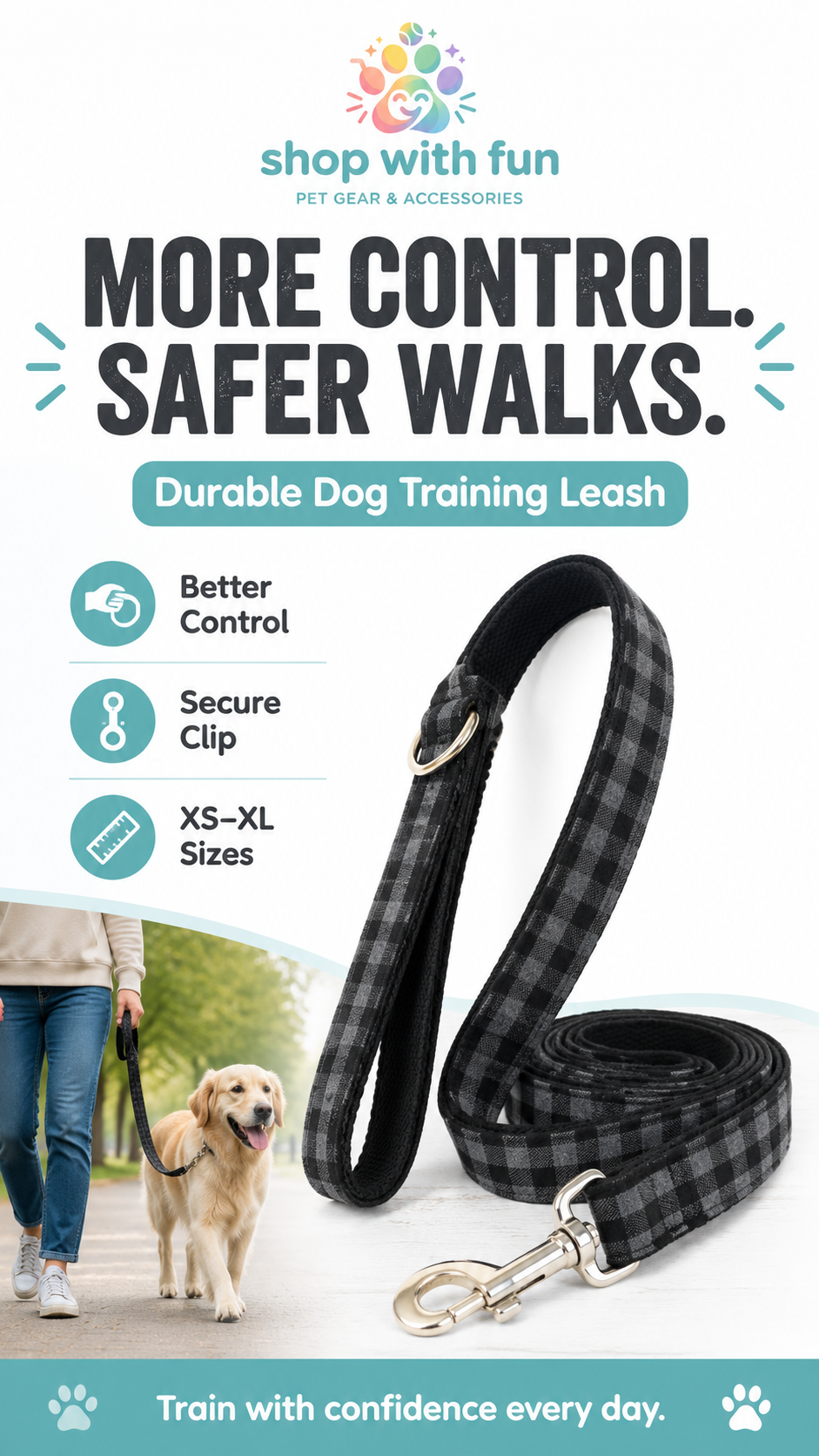 Durable dog training leash with matching bowtie, secure clip, comfortable handle, and XS to XL size options for safer daily walks and better control