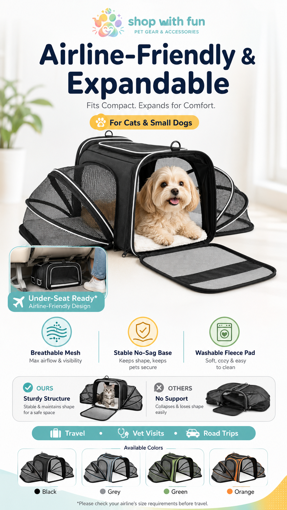 Airline-friendly expandable pet carrier for cats and small dogs with breathable mesh sides, washable fleece pad, stable base, and under-seat travel design