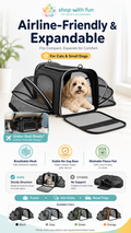 Airline-friendly expandable pet carrier for cats and small dogs with breathable mesh sides, washable fleece pad, stable base, and under-seat travel design