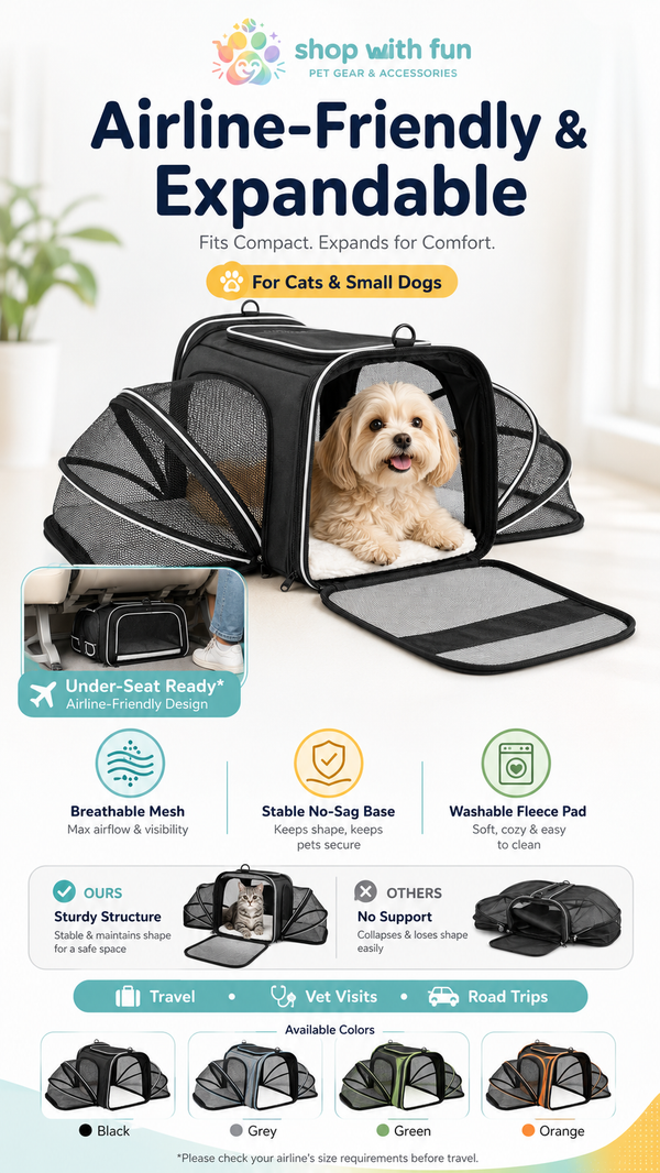 Airline-friendly expandable pet carrier for cats and small dogs with breathable mesh sides, washable fleece pad, stable base, and under-seat travel design