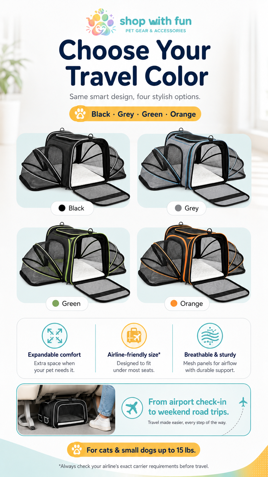 Expandable airline-friendly pet carrier available in black, grey, green, and orange for cats and small dogs up to 15 lbs