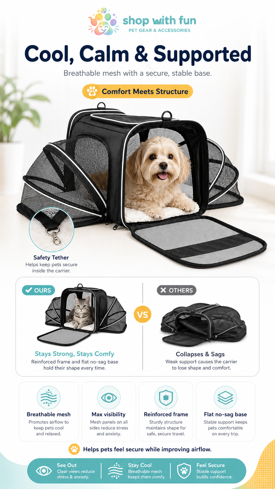 Breathable mesh expandable pet carrier with reinforced frame, flat no-sag base, safety tether, and secure structure for comfortable pet travel