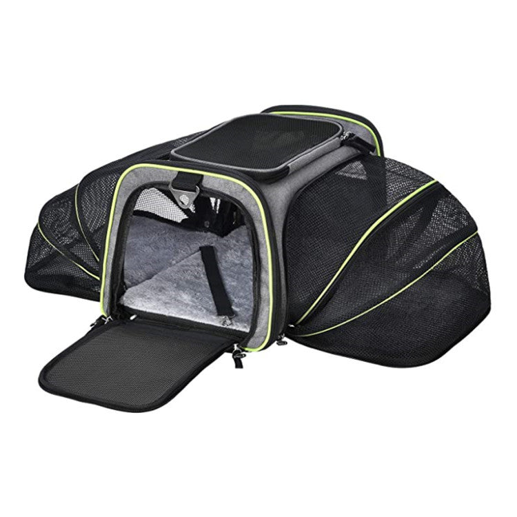 Expandable soft-sided pet carrier with mesh side panels for small dogs and cats during travel