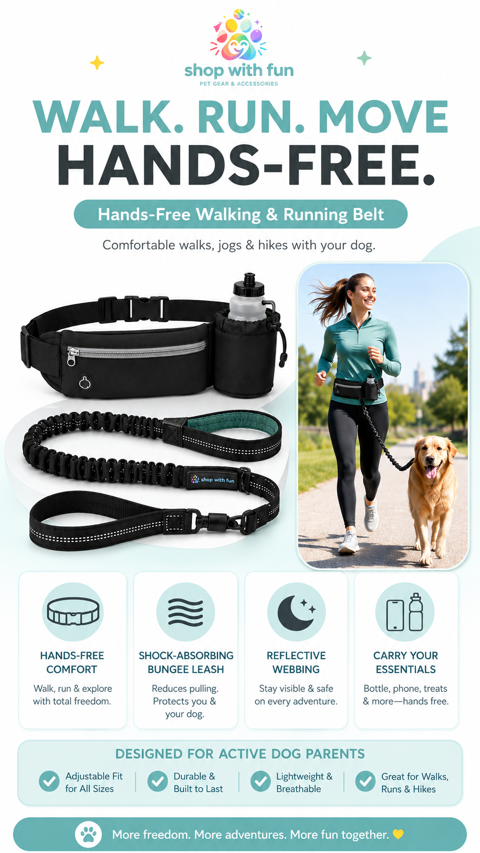 Hands-free dog walking and running belt with bungee leash, waist attachment, reflective webbing, and storage pockets for active dog owners