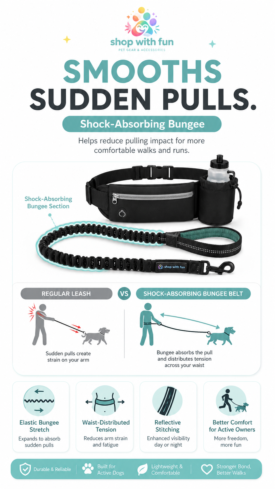 Shock-absorbing bungee dog leash belt designed to smooth sudden pulls and distribute tension around the waist during walks and runs