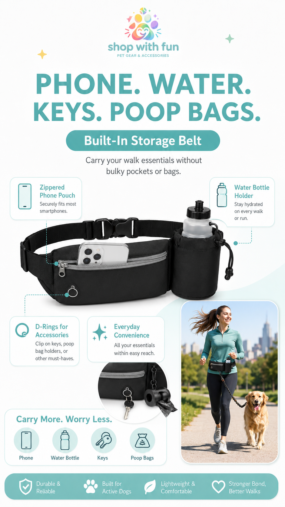 Hands-free dog leash belt with zippered phone pouch, water bottle holder, accessory D-rings, and storage for keys and poop bags