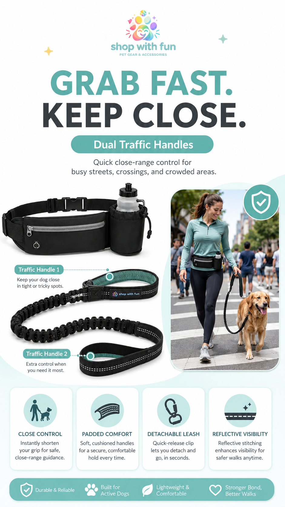 Hands-free dog leash with dual traffic handles for quick close-range control during busy streets, crossings, parks, and crowded walking areas