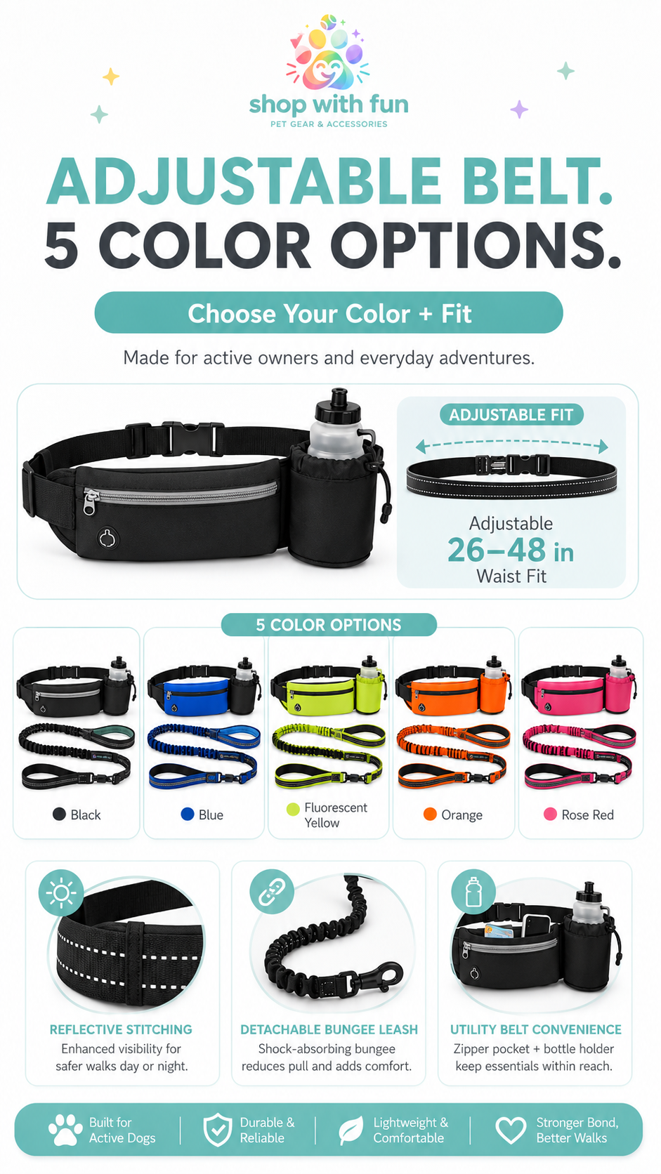 Adjustable hands-free dog leash belt with 26 to 48 inch waist fit, detachable bungee leash, reflective stitching, and black blue fluorescent yellow orange rose red color options