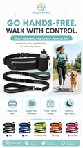 Hands-free dog leash and running belt with shock-absorbing bungee, phone pouch, water bottle holder, reflective stitching, and five color options for walking and jogging