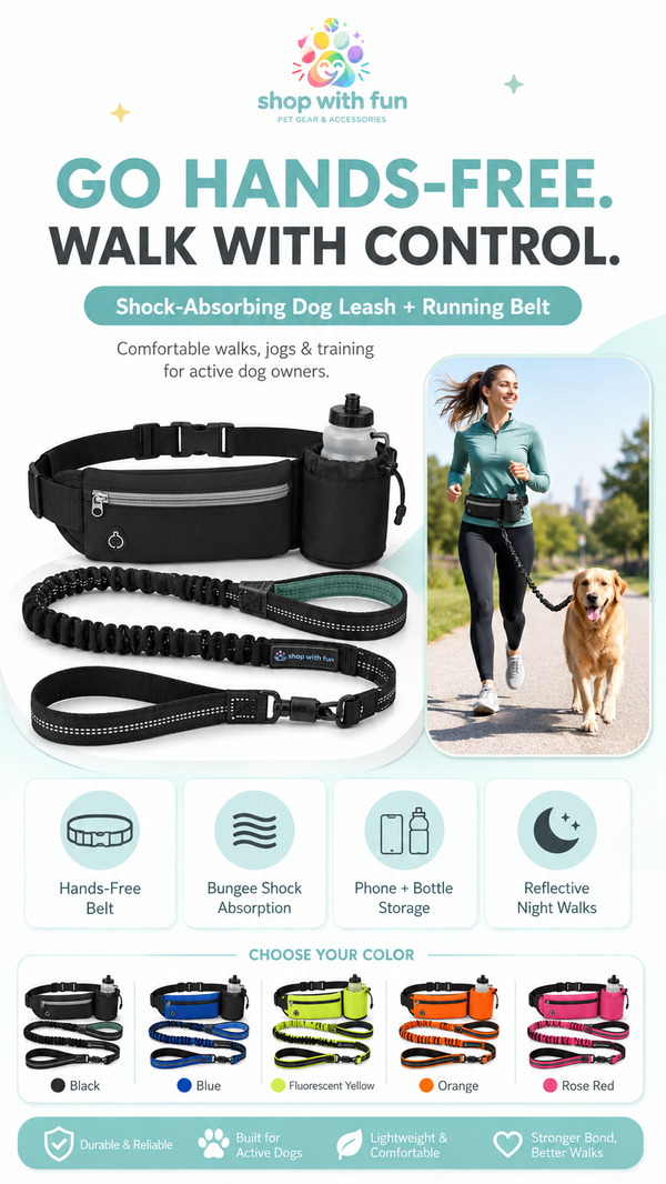 Hands-free dog leash and running belt with shock-absorbing bungee, phone pouch, water bottle holder, reflective stitching, and five color options for walking and jogging