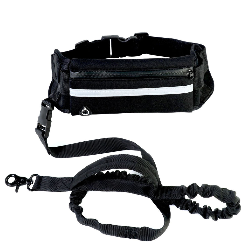 Hands-free dog leash running belt with phone pocket and water bottle holder - Black