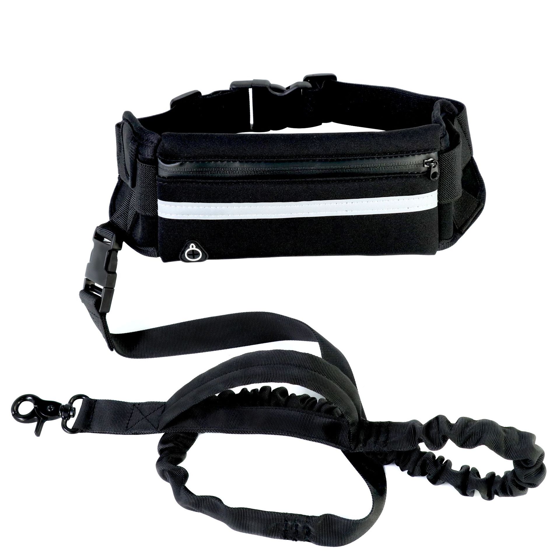 Hands-free dog leash running belt with phone pocket and water bottle holder - Black