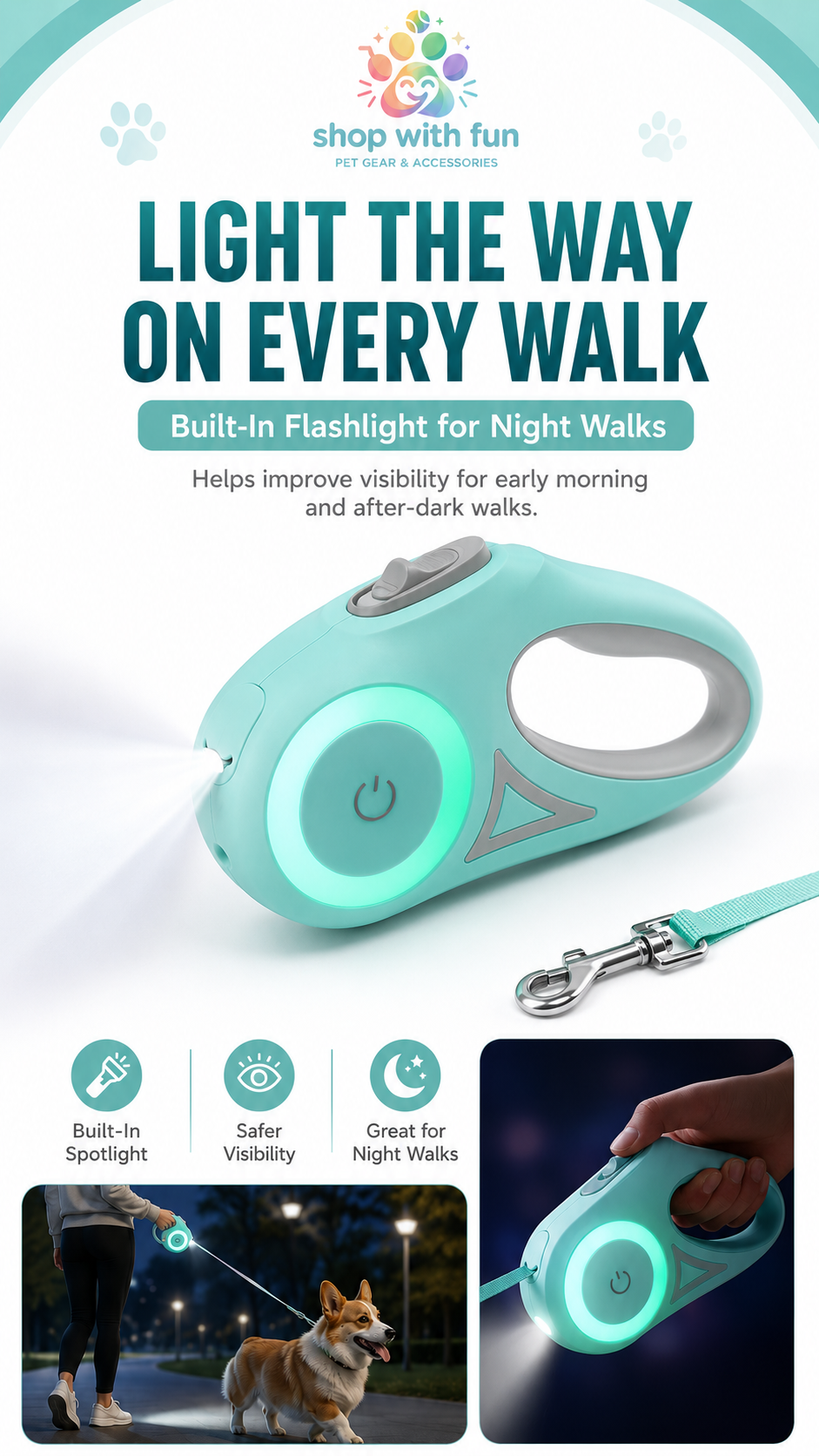 Retractable dog leash with built-in flashlight showing improved visibility for early morning and night walks with small to medium dogs and cats
