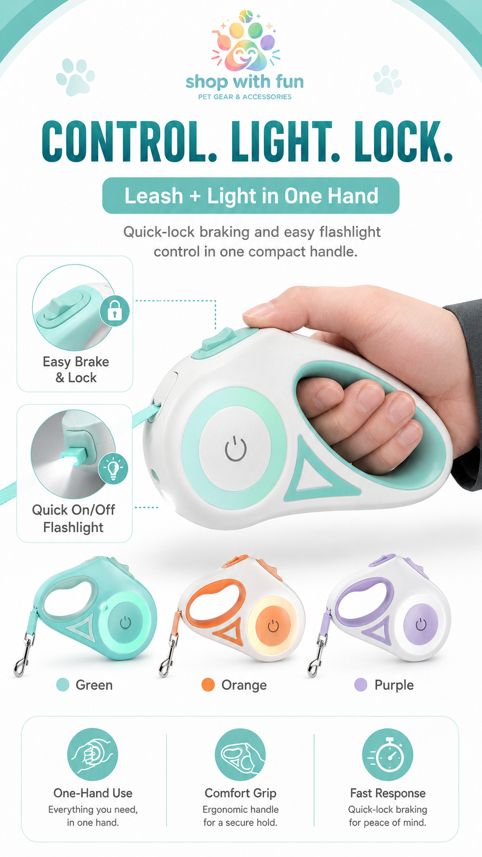 One-hand retractable dog leash with flashlight, ergonomic handle, quick-lock brake, and easy on/off light control for safer everyday walks