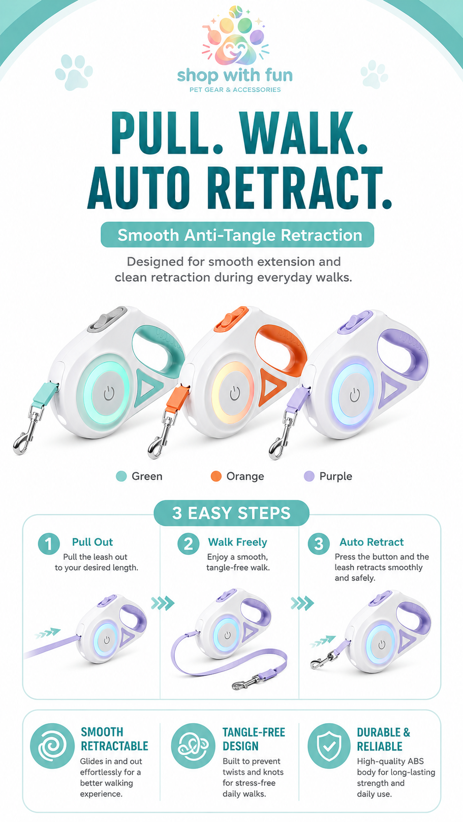 Smooth retractable dog leash with anti-tangle design, automatic retraction, durable body, and easy pull-out leash control for daily walking