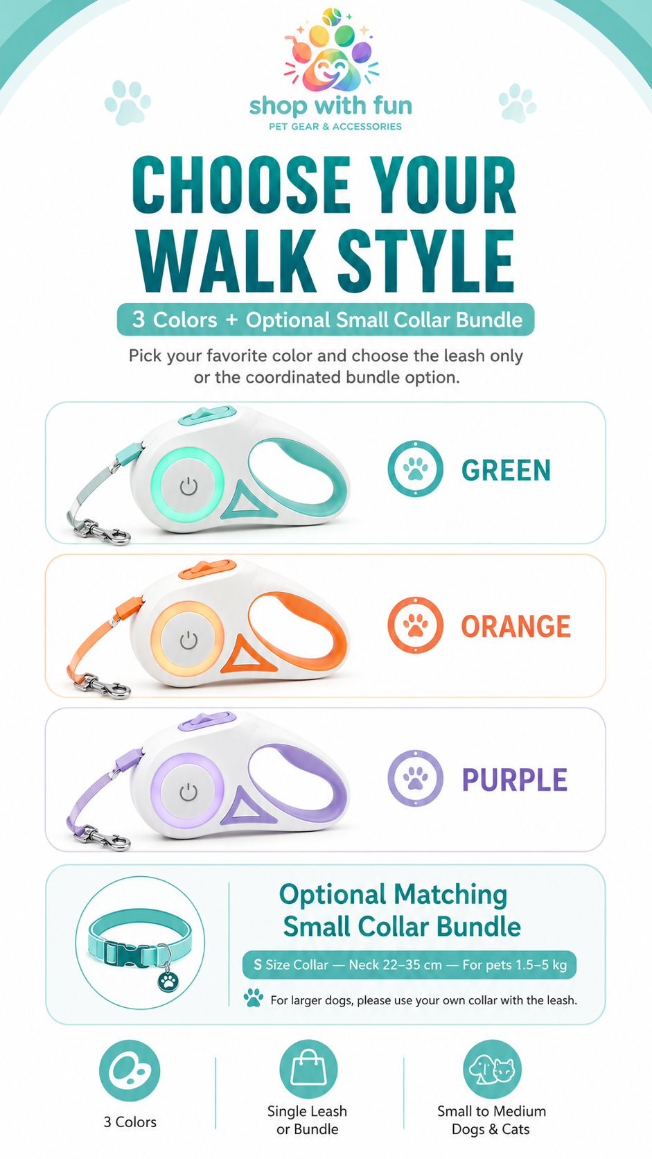Retractable dog leash with flashlight available in green, orange, and purple, with optional matching small collar bundle for dogs and cats